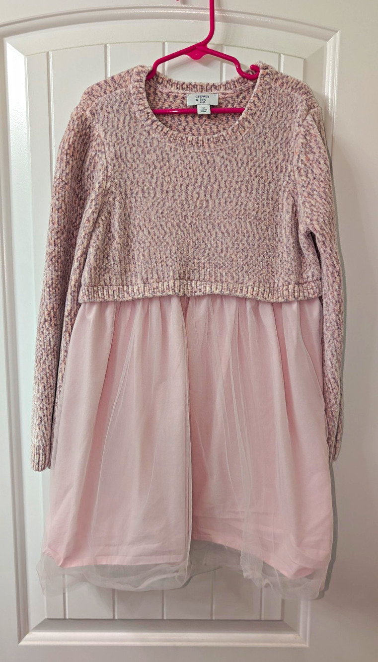 Crown & Ivy Kids Girls Pink Fit & Flare Tulle Long Sleeve Lined Dress M